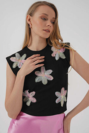 Kısa Kol Desenli Crop Bluz - Siyah
