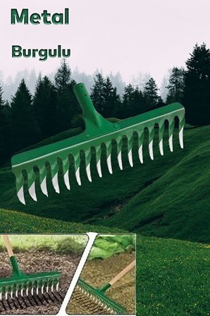 2’li Bahçe Bakım Seti 18 Diş Metal Burgulu Tırmık ve 50 cm Ahşap Saplı Çim Makası
