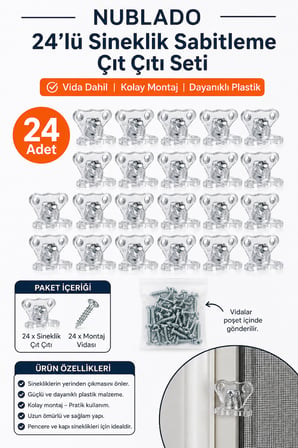 24’lü Sineklik Sabitleme Çıt Çıtı Seti Vida Dahil Şeffaf Plastik Pencere Kapı Sineklik Tutucu Montaj