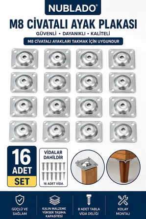 M8 Cıvatalı Mobilya Ayak Bağlantı Plakası 16’lı Set – Masa Koltuk Sehpa Ayak Montaj Aparatı 