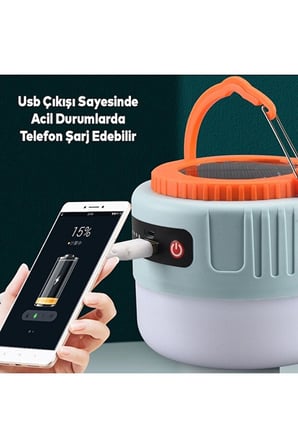 Kumandalı Solar Kamp Lambası USB Şarjlı Powerbank Özellikli Acil Durum Piknik Karavan Feneri