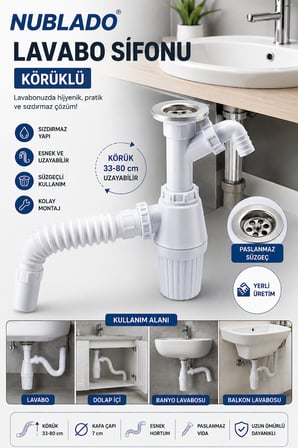 Lavabo Altı Gider Sifonu Ek Çıkışlı – Çamaşır ve Bulaşık Makinesi Tahliye Hortum Esnek Lavabo Sifonu