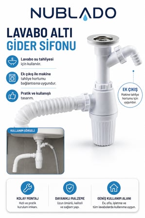 Lavabo Altı Gider Sifonu Ek Çıkışlı – Çamaşır ve Bulaşık Makinesi Tahliye Hortum Esnek Lavabo Sifonu