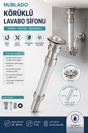 Körüklü Lavabo Sifonu 33-80 cm – Esnek Uzatılabilir Hortum, Paslanmaz Çelik Süzgeçli Lavabo Gider 
