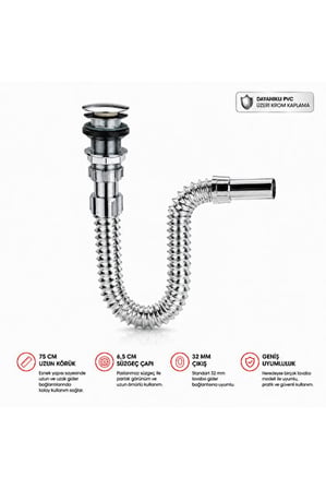 Körüklü Lavabo Sifonu 33-80 cm – Esnek Uzatılabilir Hortum, Paslanmaz Çelik Süzgeçli Lavabo Gider 