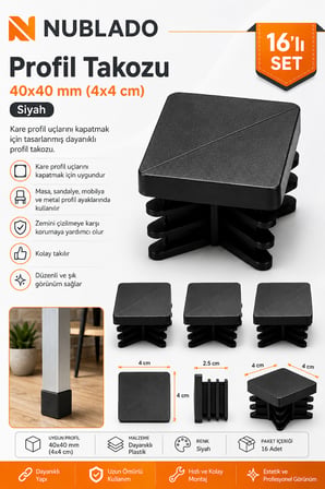 40x40 mm Kare Profil Takozu Siyah 16 Adet – Masa Sandalye Mobilya Ayağı Plastik Profil Tapası