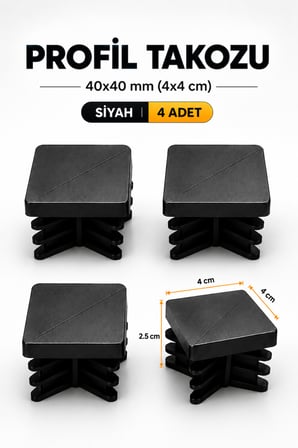 40x40 mm Kare Profil Takozu Siyah 16 Adet – Masa Sandalye Mobilya Ayağı Plastik Profil Tapası
