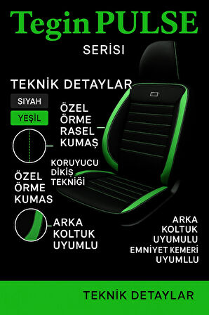 Ford Fiesta 2008–2023 Pulse Serisi Raşel Siyah Yeşil Koltuk Kılıfı