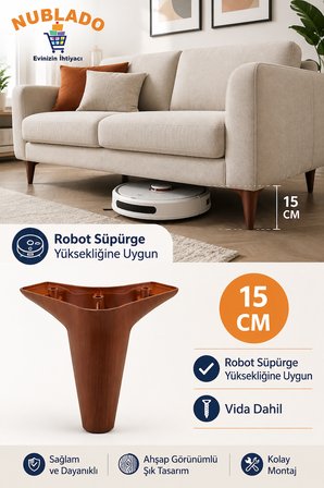 15 cm BT Mobilya Koltuk Ayağı Ahşap Görünümlü Robot Süpürge Uyumlu Vida Dahil