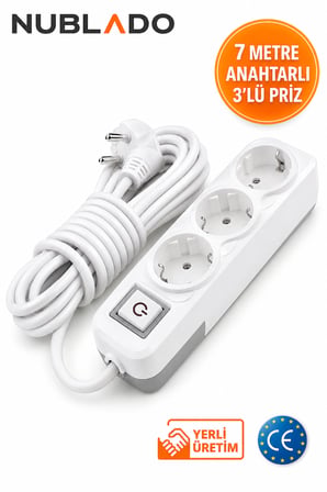 7 Metre 3’lü Anahtarlı Uzatma Kablosu Topraklı Priz Çoklu Grup Priz Beyaz