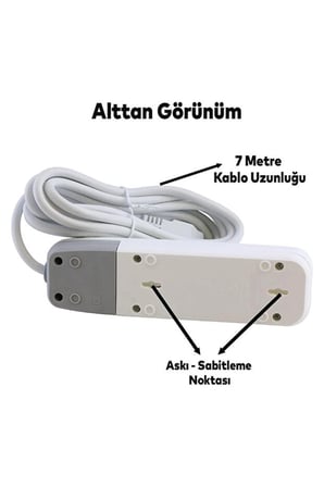 7 Metre 3’lü Anahtarlı Uzatma Kablosu Topraklı Priz Çoklu Grup Priz Beyaz
