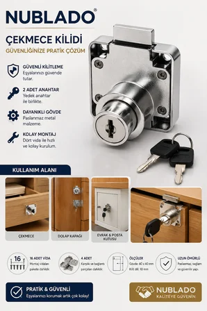 Çekmece Dolap Kilidi 2 Anahtarlı Metal Mobilya Kilidi 40x40 mm – 16 Vida ve 4 Karşılık Aparatı Dahil