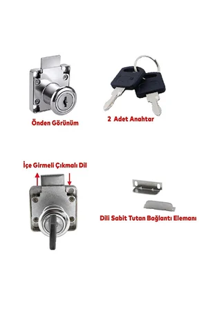Çekmece Dolap Kilidi 2 Anahtarlı Metal Mobilya Kilidi 40x40 mm – 16 Vida ve 4 Karşılık Aparatı Dahil