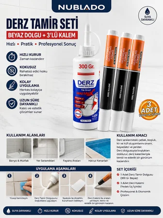 Derz Tamir Seti 300 Gr Beyaz Derz Dolgusu + 3 Adet Derz Kalemi Suya Dayanıklı
