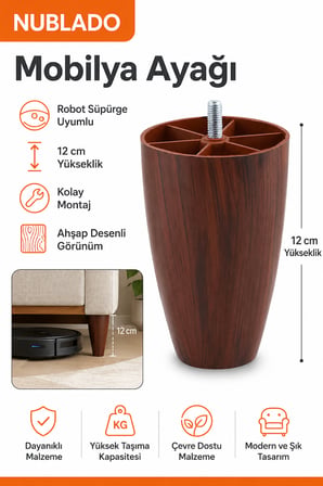 12 cm Ahşap Desenli Mobilya Ayağı – Robot Süpürge Uyumlu Vidalı Koltuk ve Kanepe Ayağı