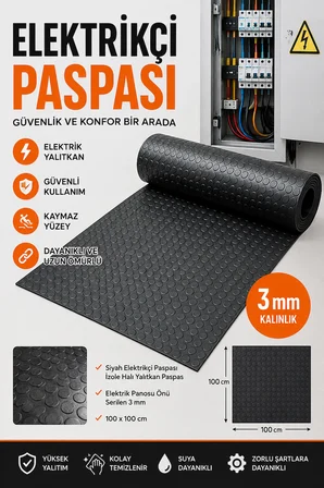 Elektirikçi Paspası 100x100 cm 3 mm Siyah Kaymaz İzole Kauçuk Pano Önü Matı