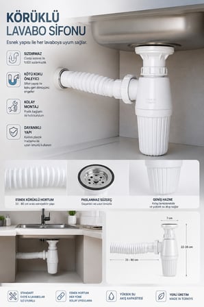 Körüklü Lavabo Sifonu 33-80 cm Esnek Hortumlu Paslanmaz Süzgeçli Evye Gider Seti