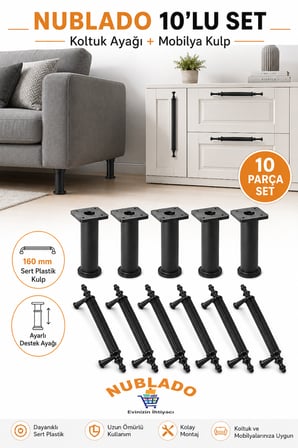 10’lu Koltuk Ayağı ve Mobilya Kulp Seti 5 Ayarlı Ayak + 5 Adet 160 mm Kulp