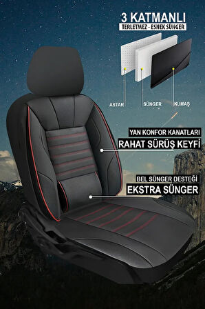 Seat Leon Fr Hatchback 2011  Aracınıza Uyumlu Siyah Kırmızı Sarp Serisi Bel Destekli Kılıf
