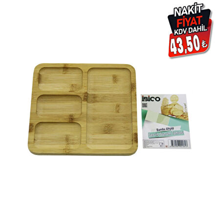 Kare 4 Bölmeli=3+1 Ahşap Bambu Servis Sunum Tepsi - Tahtası 20 X 20 X 1.4cm
