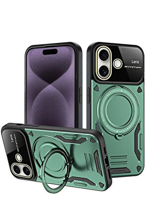iPhone 16 Kılıf Joy Lens Standlı Kapak - Koyu Yeşil