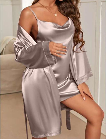 Degajeli İnce Askılı Vizon Saten 2'li Gecelik Sabahlık Takımı