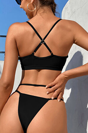 Kadın Siyah File Detaylı Iç Çamaşır Takımı