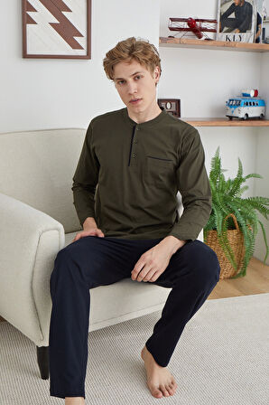 Erkek 9111 Battal  Erkek   Midi Yaka Pijama Takımı