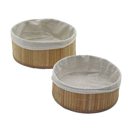 2li Yuvarlak Bambu Kenar Organizer Sepet Ahşap Altlık - Bezli Ç:24.5cm Y:10cm - Ç:20cm Y:8cm