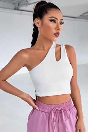 Kadın Beyaz Tek Omuz Cut Out Detaylı Crop Top Bluz