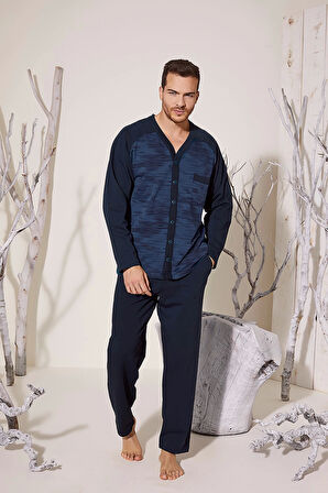 Erkek 8025 Erkek   V Yaka Boydan Düğmeli Pijama Takımı