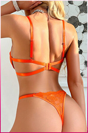 Kadın Oranj Dantelli Balenli  Sütyen Külot Takım