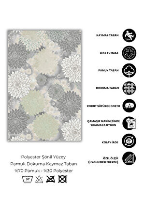 Çiçek Desenli Krem Halı Dijital Baskılı Dokuma Kaymaz Tabanlı Yıkanabilir Salon Salon Halısı