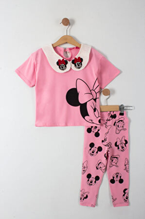 Nakış İşlemeli Minnie Detaylı Bebe Yaka Kız Çocuk Taytlı 2 li Takım