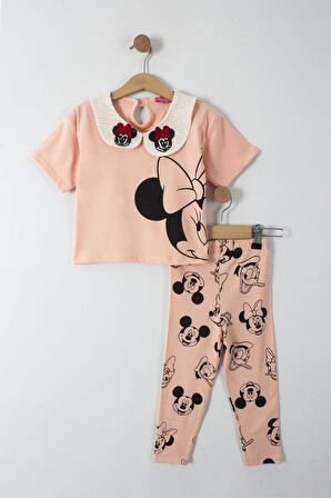 Nakış İşlemeli Minnie Detaylı Bebe Yaka Kız Çocuk Taytlı 2 li Takım