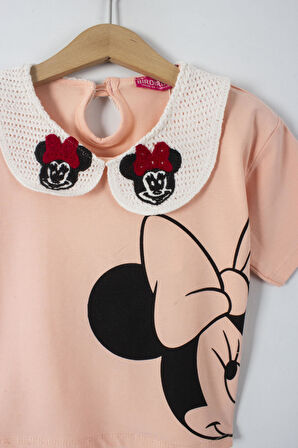 Nakış İşlemeli Minnie Detaylı Bebe Yaka Kız Çocuk Taytlı 2 li Takım