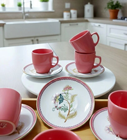 6 Kişilik Seramik 80ml Türk Kahve Fincan Seti Dijital Baskılı Bulaşık Makinasında Yıkanabilir