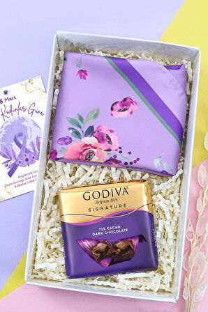 Mor Çiçekli Fular & Godiva Çikolata Hediye Seti
