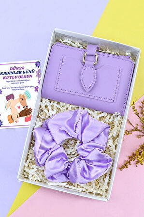Mor Saten Toka & Mor Yumuşak Deri Kartlık Cüzdan Hediye Seti