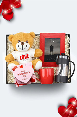 Peluş Ayıcık & Kırmızı Çerçeve & Siyah French Press & Kırmızı Kupa Hediye Seti