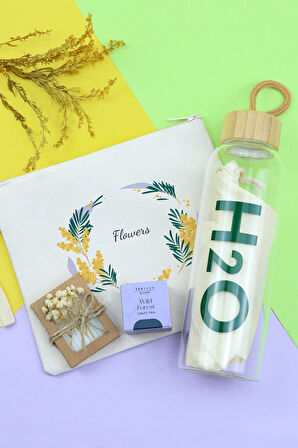 Bez El Çantası & Bambu Kapaklı Cam Matara & Teashop Bitki Çayı & Özel kutulu Mini Sabun Hediye Seti