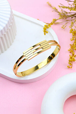 Geometrik Gold Renk Kelepçe Bileklik & Papaya Detaylı Fular Hediye Seti