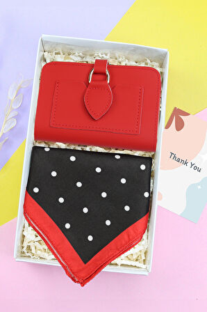 Papatyalı Detaylı Fular & Turuncu Yumuşak Deri Kartlık Cüzdan Hediye Seti