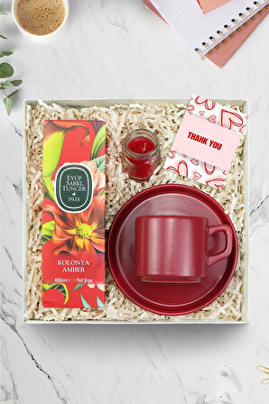 Kırmızı Fincan & Mini Kavanoz Mum & Kolonya Hediye Seti