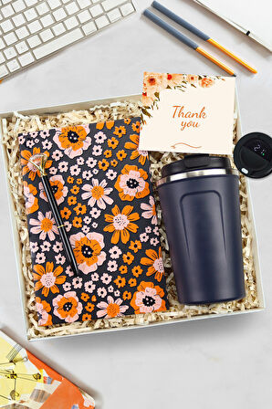 Turuncu Baskılı Defter & Kalem & Lacivert Dereceli 350 ML Çelik Termos Hediye Seti