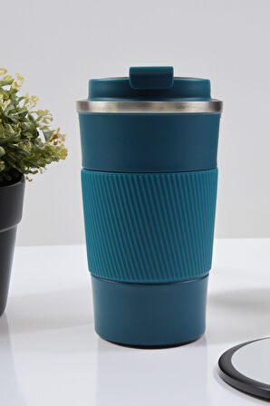 Mavi 500 ML Çelik Termos & Diamond Kalem & Beyaz Çiçekli Defter Hediye Seti