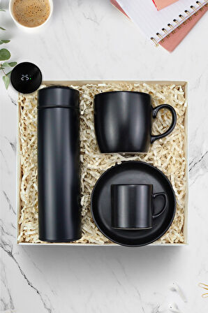 Siyah 500 ML Renk Dereceli Termos & Siyah Kupa & Siyah Seramik Fincan Hediye Seti