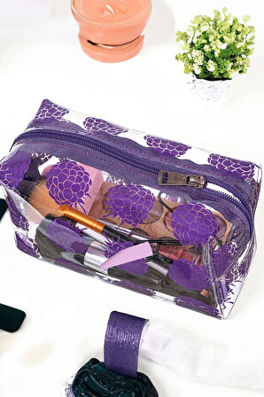 Mor Defter & Dikişli Mini Not Defteri & Tükenmez Kalem & Şeffaf Büyük Boy Kalemlik Hediye Seti