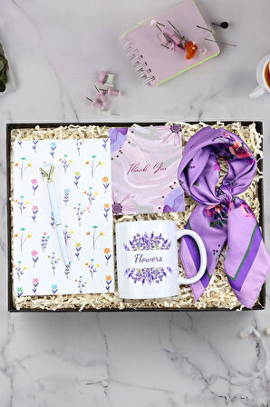 Beyaz Çiçekli Tasarım Defter & Diamond Kalem & Tasarım Kupa & Mor Fular Hediye Seti