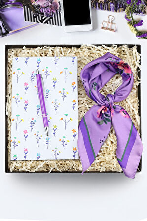 Beyaz Çiçekli Defter & Mor Tükenmez Kalem & Mor Çiçekli Fular Hediye Seti